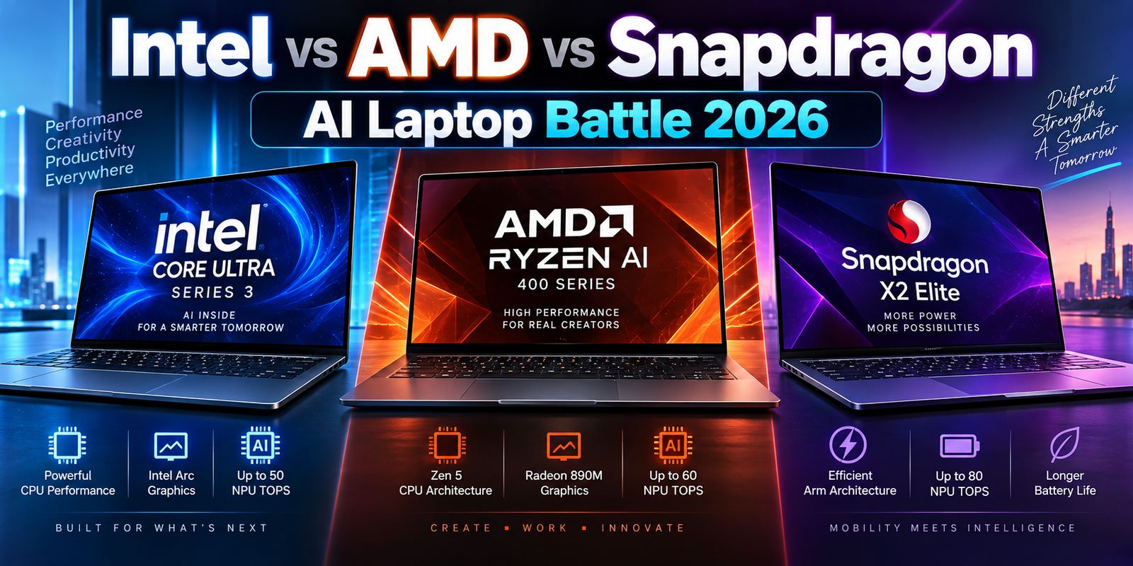 Intel Core Ultra Series 3 vs AMD Ryzen AI 400 vs Snapdragon X2 Elite: Advanced AI Laptop Comparison for 2026